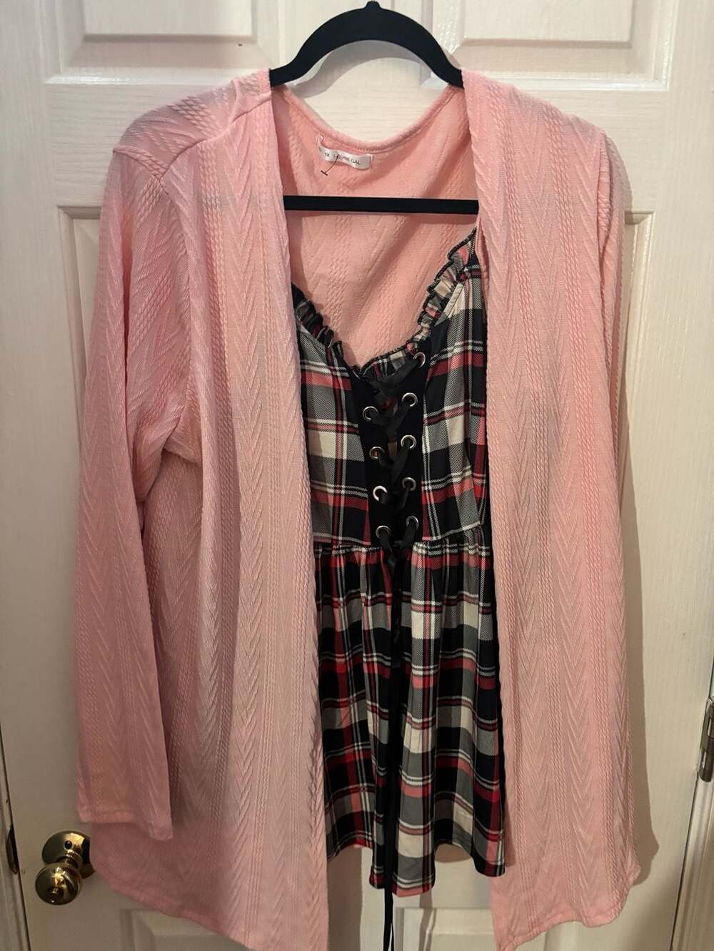 RoseGal Plus Size 1X Pink Long Cardigan Plaid Lace-Up Cami Twin Set